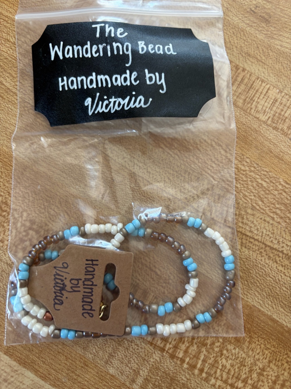 Beaded Stretch Bracelet Set in Light Blue, Cream & Brown